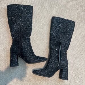 Black glittery wide calf knee high boots